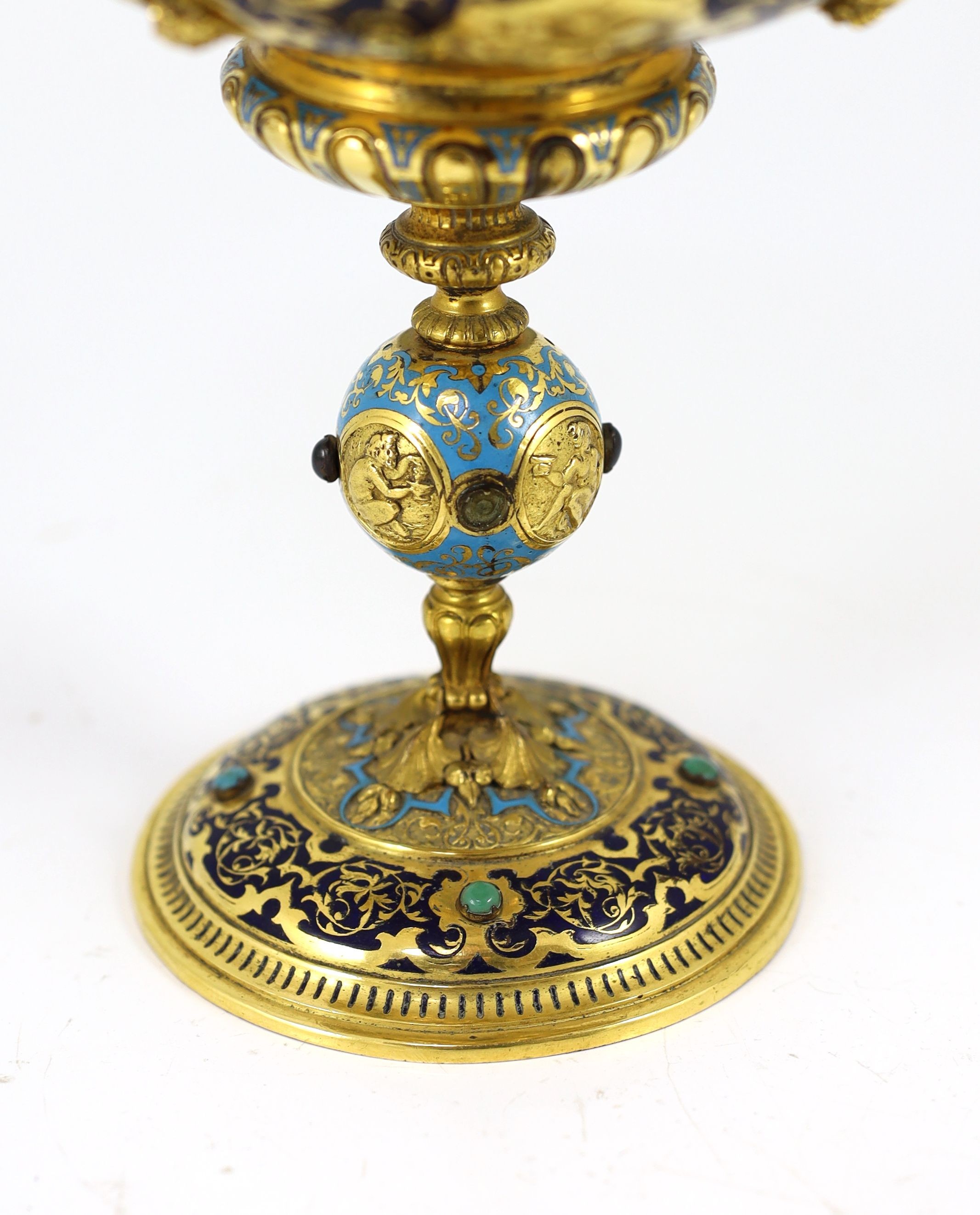 A Victorian enamel and gilt metal pedestal cup and cover in the Renaissance style, Elkington & Co, circa 1880, 24cm high, 14.5cm diameter.